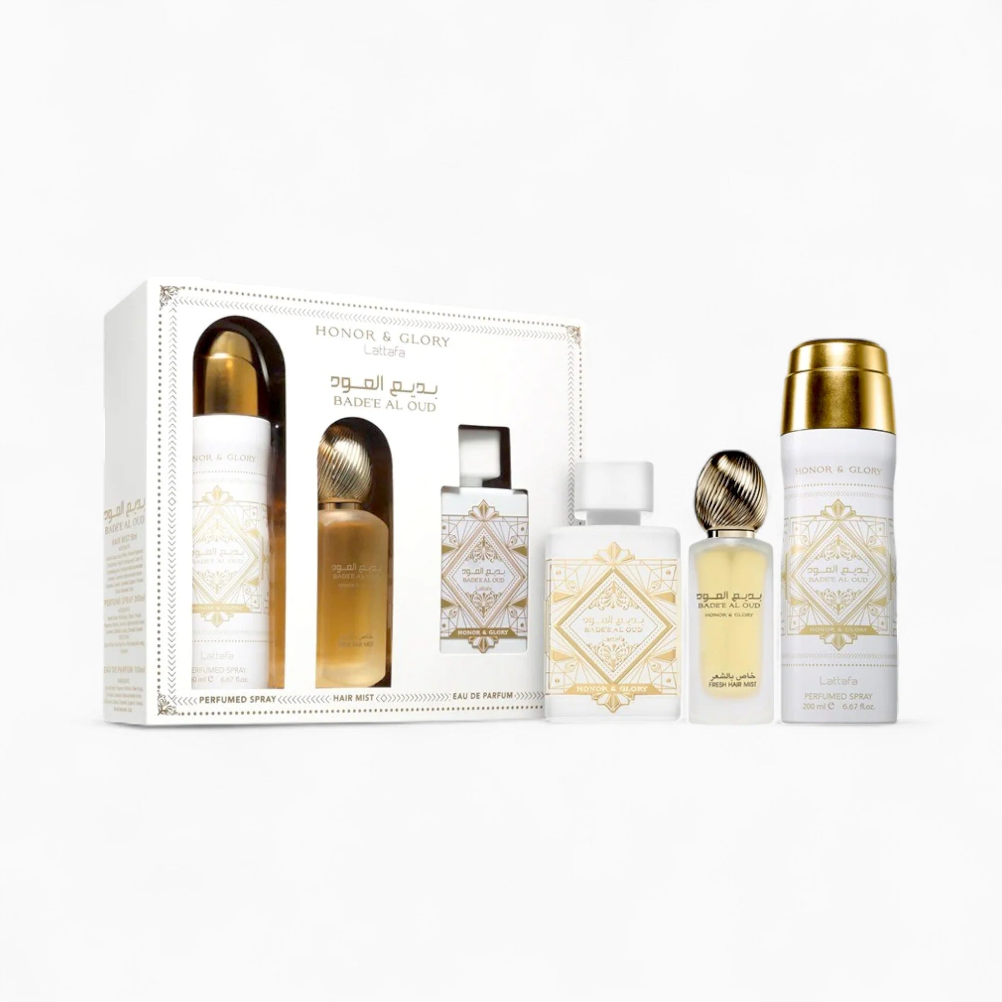 KIT LATTAFA BADEE HONOR Y GLORY EDP 100ML  3 PZS